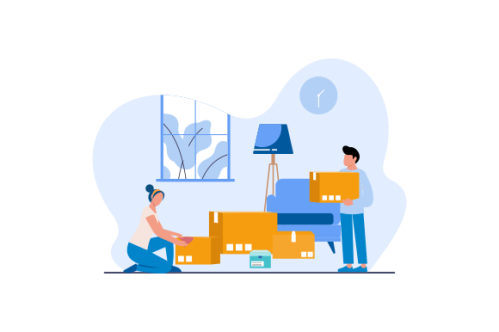 Young couple setting up home illustration. Living room interior