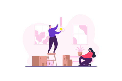 Young couple setting up home illustration. Living room interior