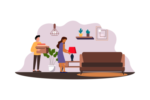 Young couple setting up home illustration. Living room interior