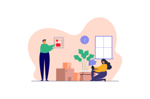 Young couple setting up home illustration. Living room interior