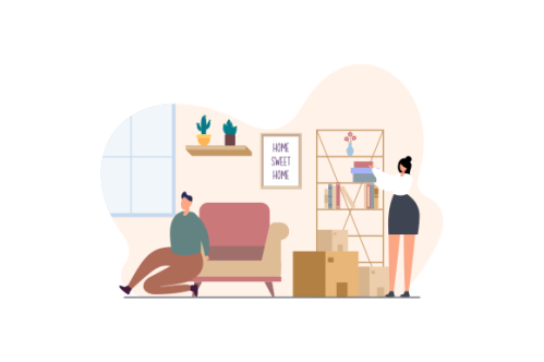 Young couple setting up home illustration. Living room interior