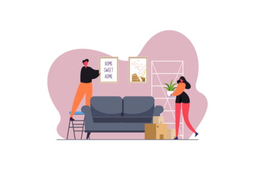Young couple setting up home illustration. Living room interior