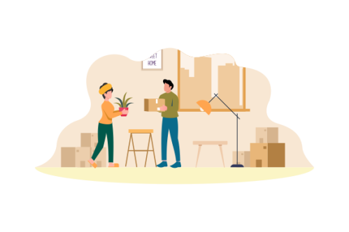 Young couple setting up home illustration. Living room interior