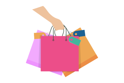 Shopping bag logo. Hand holding a shopping bag