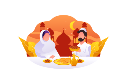 Flat Design Iftar Eating After Fasting feast party concept. Muslim family dinner on Ramadan Kareem