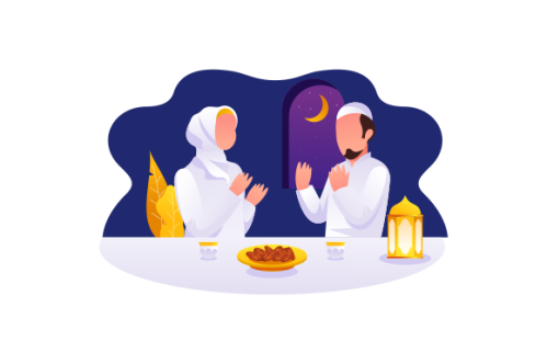 Flat Design Iftar Eating After Fasting feast party concept. Muslim family dinner on Ramadan Kareem
