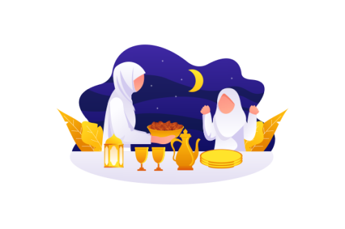 Flat Design Iftar Eating After Fasting feast party concept. Muslim family dinner on Ramadan Kareem