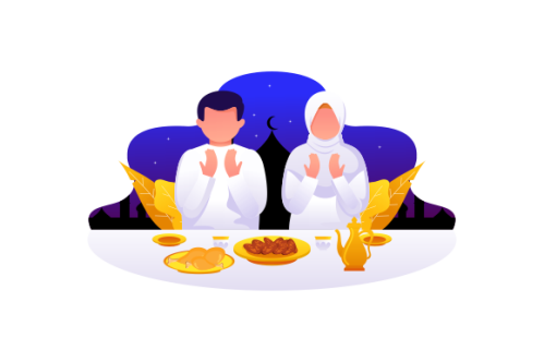 Flat Design Iftar Eating After Fasting feast party concept. Muslim family dinner on Ramadan Kareem