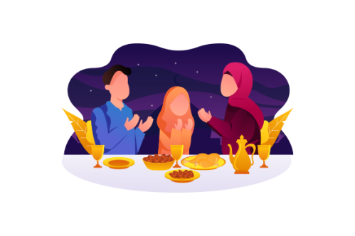 Flat Design Iftar Eating After Fasting feast party concept. Muslim family dinner on Ramadan Kareem