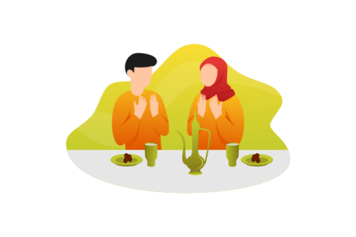 Flat Design Iftar Eating After Fasting feast party concept. Muslim family dinner on Ramadan Kareem