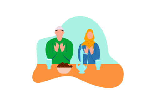 Flat Design Iftar Eating After Fasting feast party concept. Muslim family dinner on Ramadan Kareem