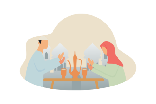 Flat Design Iftar Eating After Fasting feast party concept. Muslim family dinner on Ramadan Kareem