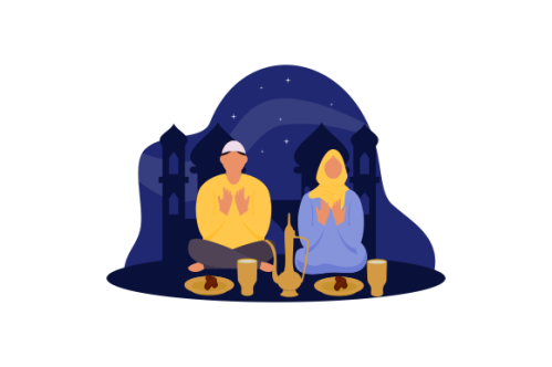 Flat Design Iftar Eating After Fasting feast party concept. Muslim family dinner on Ramadan Kareem
