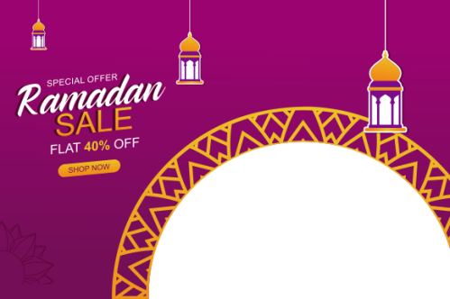 Ramadan sale header or banner design with mosque, hanging lanterns and flat discount offer