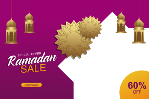 Ramadan sale header or banner design with mosque, hanging lanterns and flat discount offer