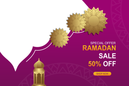 Ramadan sale header or banner design with mosque, hanging lanterns and flat discount offer