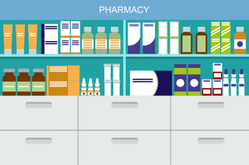 Pharmacy interior with counter and drug on shelves illustration