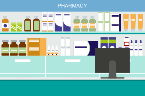 Pharmacy interior with counter and drug on shelves illustration