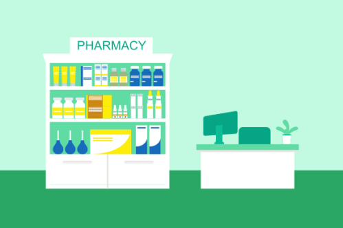 Pharmacy interior with counter and drug on shelves illustration