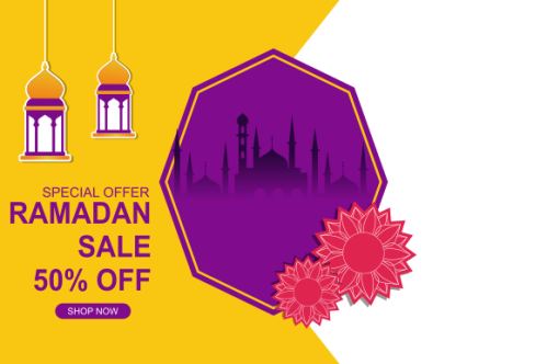 Ramadan sale header or banner design with mosque, hanging lanterns and flat discount offer