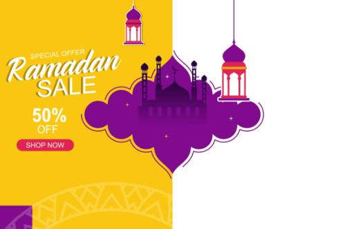 Ramadan sale header or banner design with mosque, hanging lanterns and flat discount offer