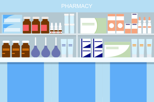 Pharmacy interior with counter and drug on shelves illustration