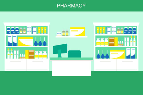 Pharmacy interior with counter and drug on shelves illustration