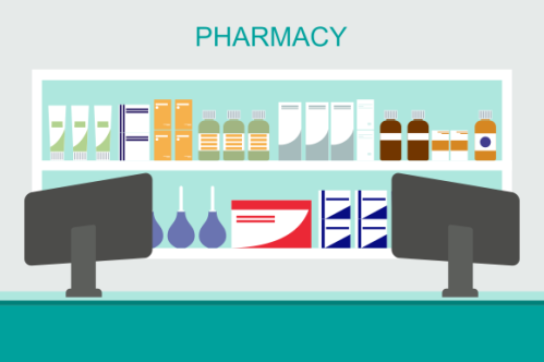 Pharmacy interior with counter and drug on shelves illustration
