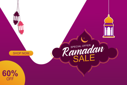 Ramadan sale header or banner design with mosque, hanging lanterns and flat discount offer