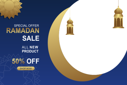 Ramadan sale header or banner design with mosque, hanging lanterns and flat discount offer