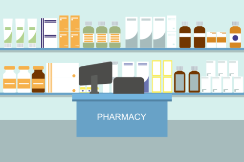 Pharmacy interior with counter and drug on shelves illustration