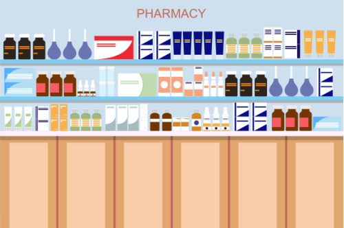 Pharmacy interior with counter and drug on shelves illustration