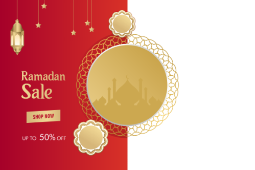 Ramadan sale header or banner design with mosque, hanging lanterns and flat discount offer