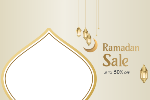 Ramadan sale header or banner design with mosque, hanging lanterns and flat discount offer