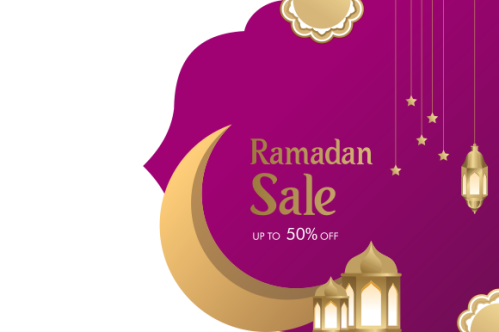 Ramadan sale header or banner design with mosque, hanging lanterns and flat discount offer