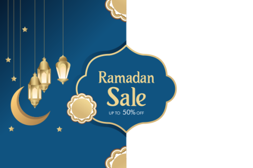 Ramadan sale header or banner design with mosque, hanging lanterns and flat discount offer