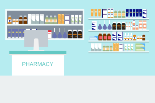 Pharmacy interior with counter and drug on shelves illustration