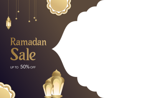 Ramadan sale header or banner design with mosque, hanging lanterns and flat discount offer