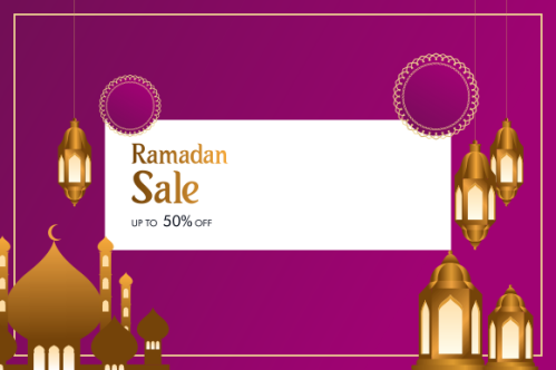 Ramadan sale header or banner design with mosque, hanging lanterns and flat discount offer
