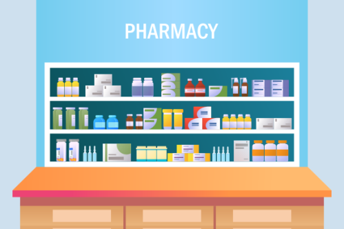Pharmacy interior with counter and drug on shelves illustration
