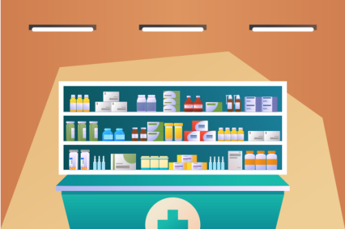 Pharmacy interior with counter and drug on shelves illustration