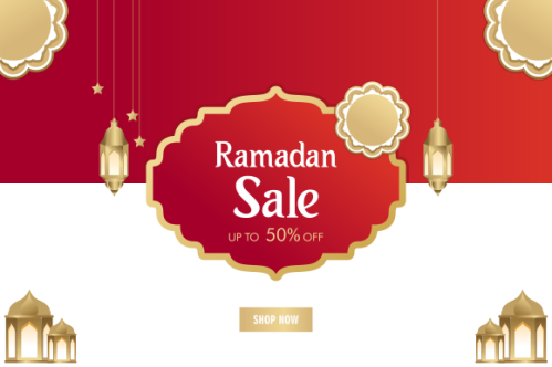 Ramadan sale header or banner design with mosque, hanging lanterns and flat discount offer