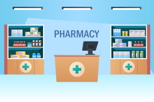 Pharmacy interior with counter and drug on shelves illustration