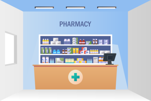 Pharmacy interior with counter and drug on shelves illustration