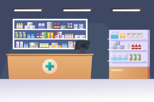 Pharmacy interior with counter and drug on shelves illustration
