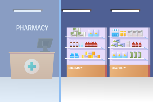 Pharmacy interior with counter and drug on shelves illustration