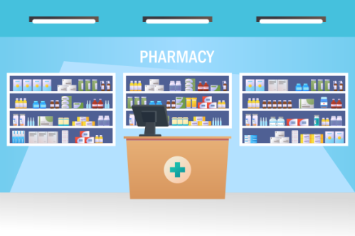 Pharmacy interior with counter and drug on shelves illustration