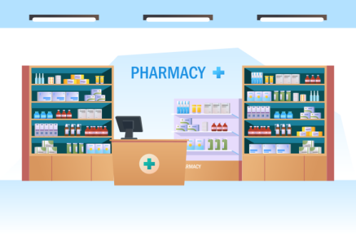 Pharmacy interior with counter and drug on shelves illustration