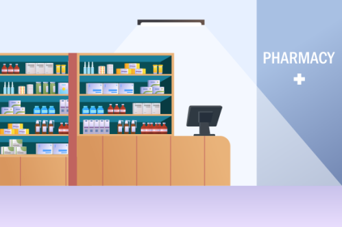 Pharmacy interior with counter and drug on shelves illustration