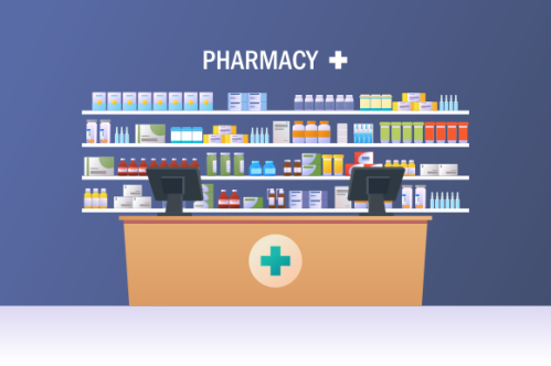 Pharmacy interior with counter and drug on shelves illustration